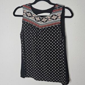 THML Tank Top Womens XS Embroidered‎ Boho Mixed Media Flowy Top Black Red Rayon